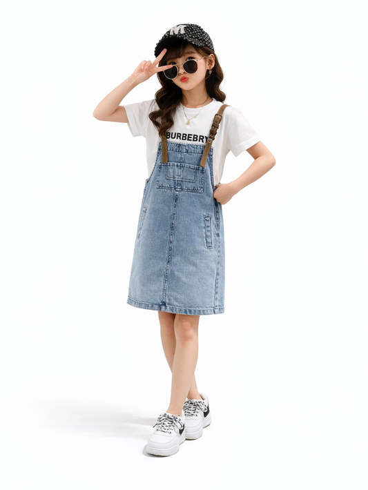 白Tシャツ×ライトブルーのデニムジャンパースカートを着用したキッズコーデ。フロントポケットとブラウン系ストラップが特徴で、カジュアルに着回せる女の子向けデニムワンピース。
