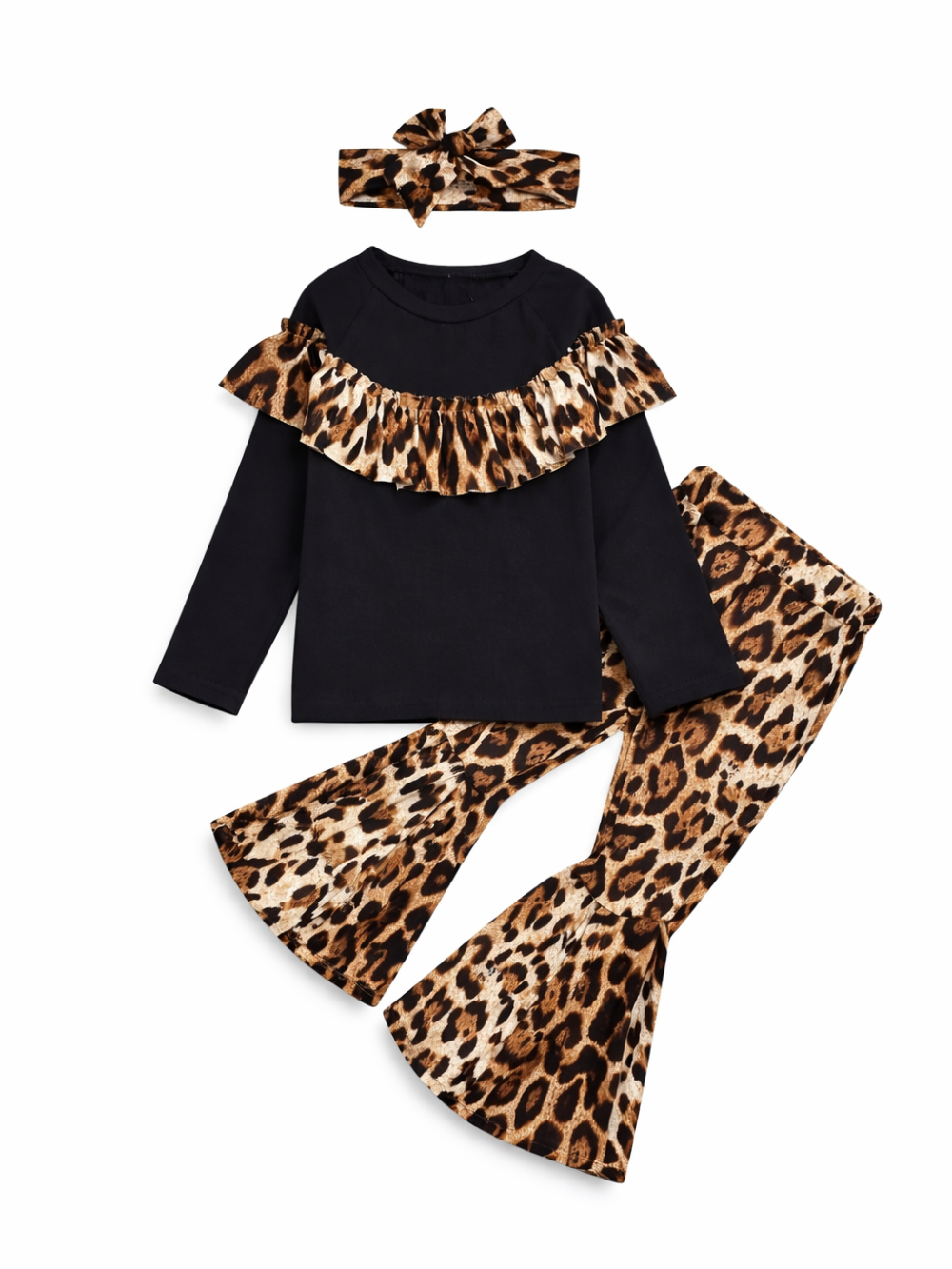 黒の長袖トップス（レオパード柄フリル付き）とレオパード柄フレアパンツ、同柄リボンヘアバンドの女の子用3点セット。スタイリッシュなカジュアルコーデ。
