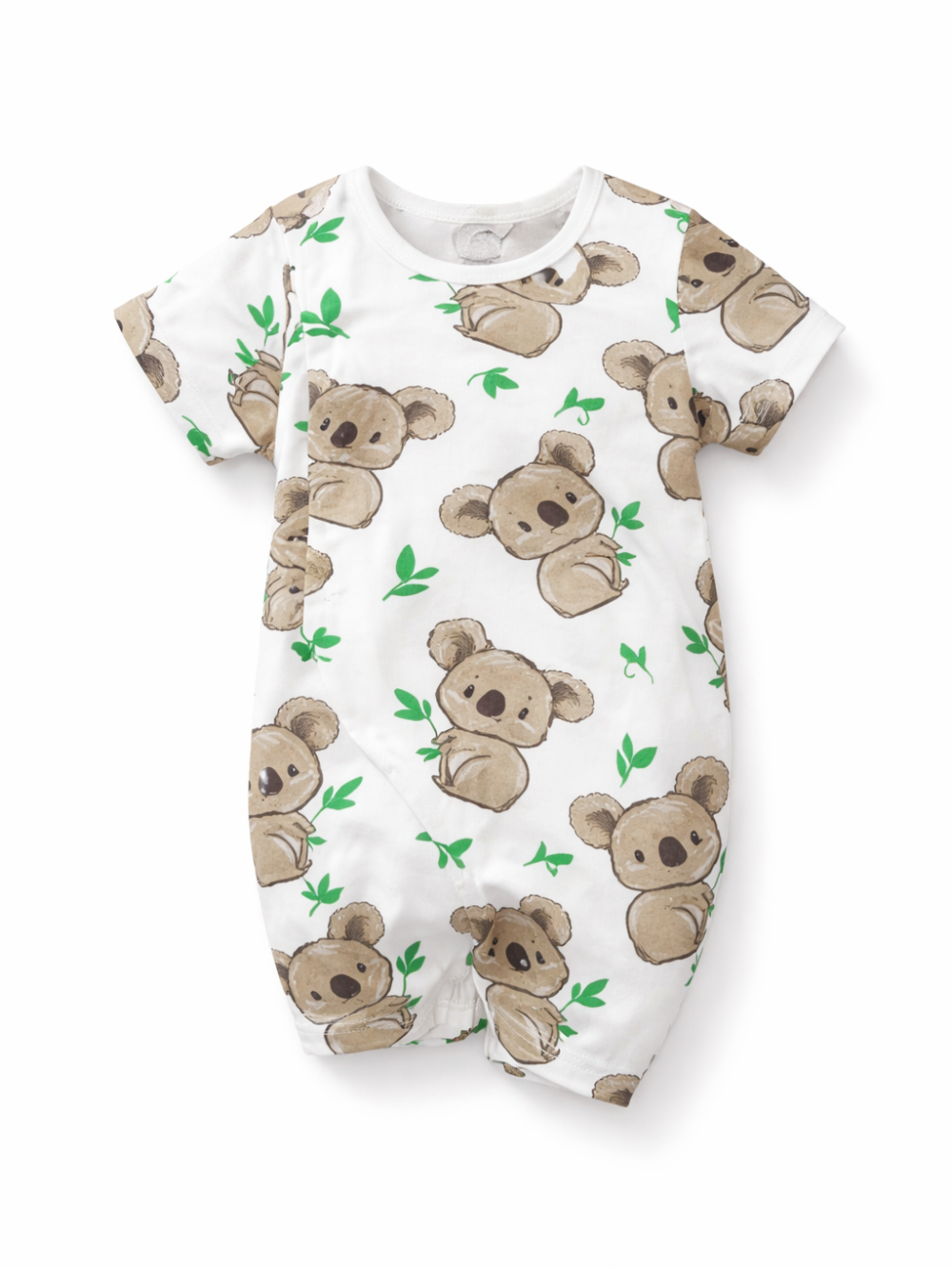 コアラ柄プリントのベビー半袖ロンパース。ホワイト地にブラウンのコアラとグリーンの葉っぱモチーフが散りばめられた、やさしい雰囲気のカジュアルウェア。
