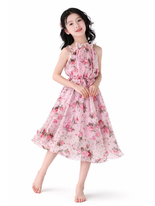 白いスタジオ背景で撮影した、女の子用ピンク花柄シフォンワンピース。フリル付きハイネック（ホルターネック風）とウエストギャザーで、透け感のある軽やかなスカートがふんわり広がる。モデルは裸足で、自然な立ち姿のカタログ写真。
