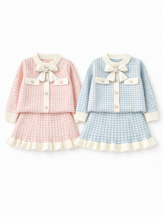 白いスタジオ背景で並べて撮影した、女の子用ツイード風セットアップ2色。ピンク×ホワイトとライトブルー×ホワイトのカーディガン＋スカートセットで、胸元に大きなリボン装飾とパール風ボタン、裾はクリーム色のプリーツフリル仕上げ。2セット全体が見えるカタログ写真。
