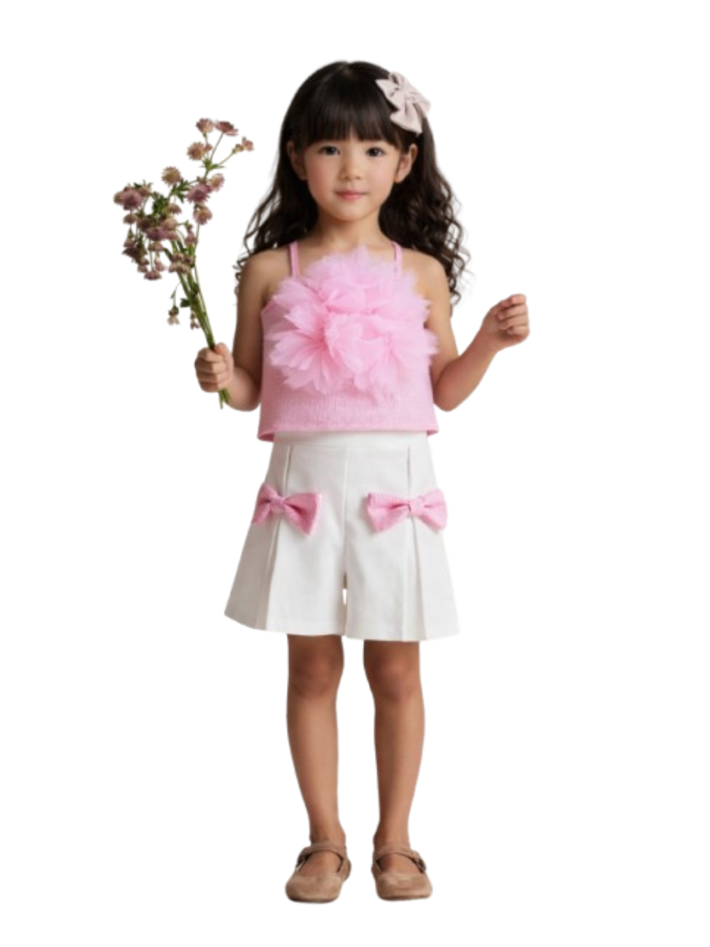 女の子向け2点セット。ピンクのチュールフラワー付きキャミトップスと、リボン飾り付きの白プリーツキュロット（ショートパンツ）。上品でガーリーなコーディネート。
