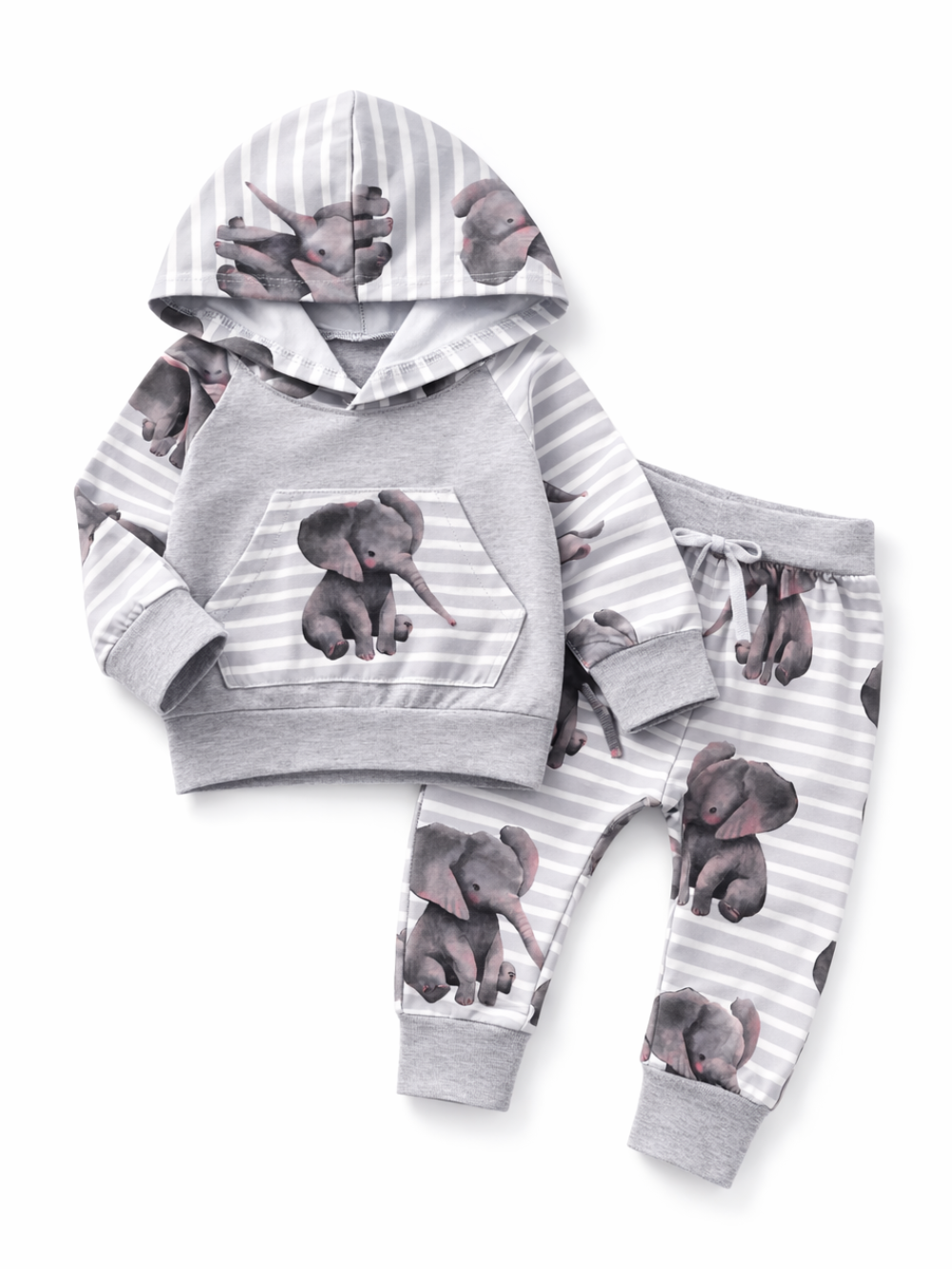 グレー×白のボーダー柄にゾウプリントをあしらった、ベビー用フード付きパーカーとジョガーパンツの上下セット。フラットレイで全体のシルエットと柄が分かる商品画像。