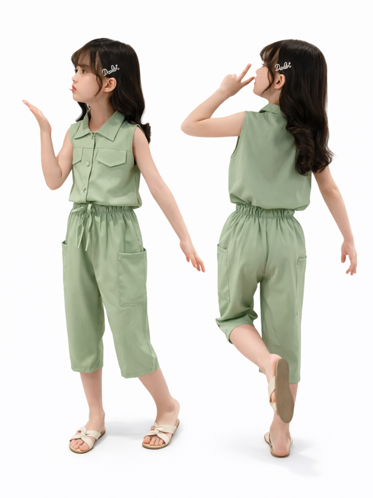 キッズ 女の子 ノースリーブ 2点セット（襟付きボタンシャツ＋ウエストゴムの七分丈パンツ）ライトグリーン｜前後スタイル着用、ポケット付き、白背景