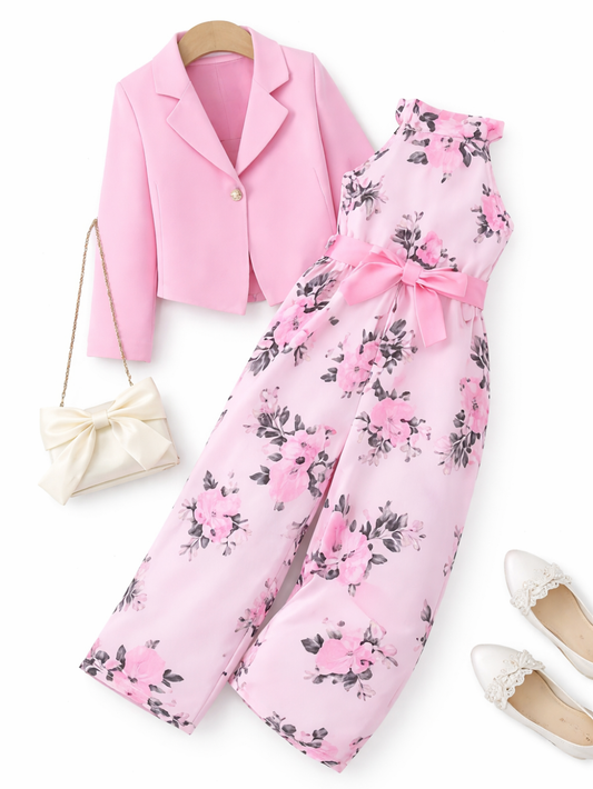 女の子 フォーマル2点セット（ピンクジャケット＋花柄ノースリーブオールインワン）リボンベルト付き｜フラットレイ、白背景