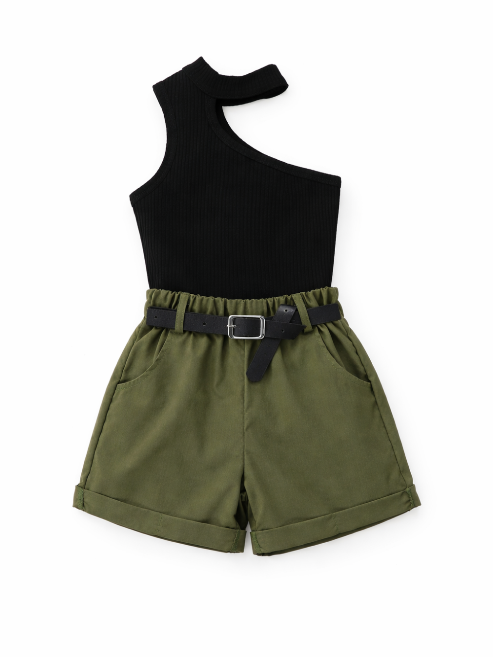 キッズ用ブラックのワンショルダーリブトップス＆カーキショートパンツセット（ベルト付き） 商品平置き画像（白背景）