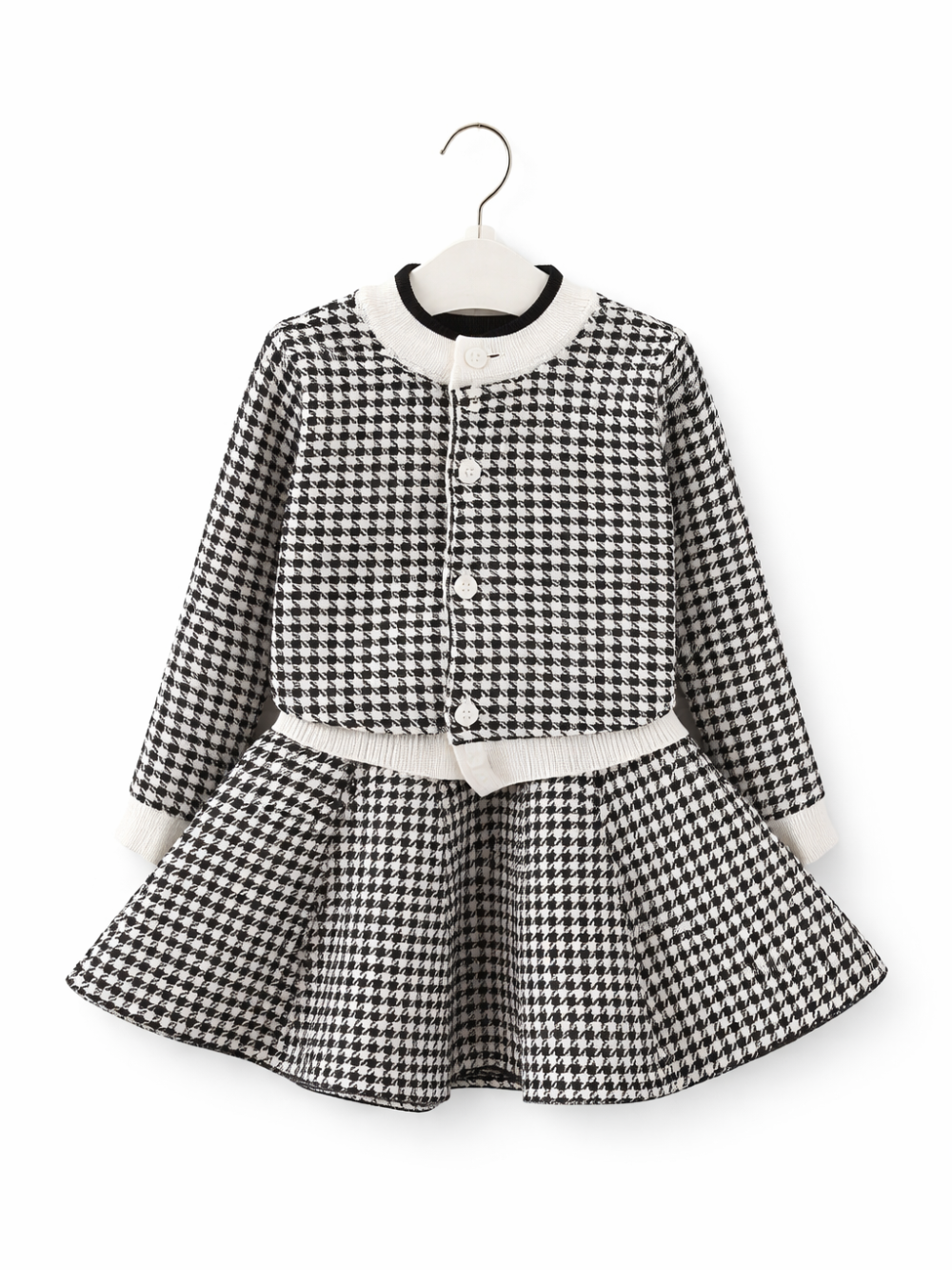 白×黒の千鳥格子柄キッズセットアップ（カーディガン＋フレアスカート）を白背景で撮影した商品画像
