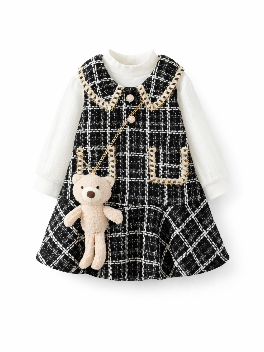 白のハイネック長袖トップスと黒×白ツイードチェックのワンピース、くまモチーフのショルダーポーチがセットになったキッズ用フォーマル風ワンピース（正面）