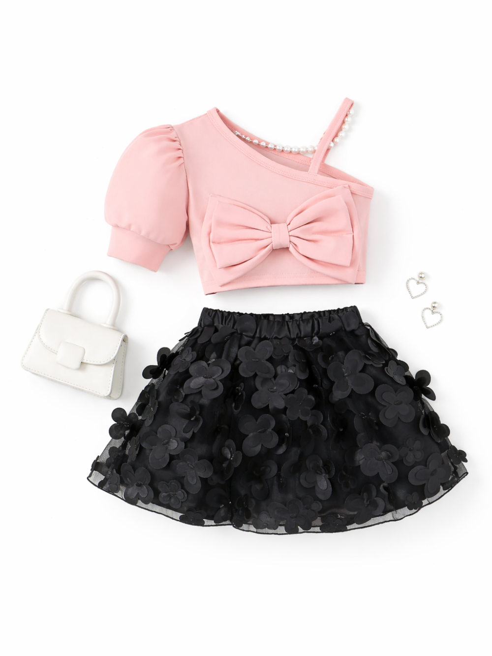 子ども用ワンショルダーピンクトップス＆ブラック立体フラワーチュールスカートセット 商品画像
