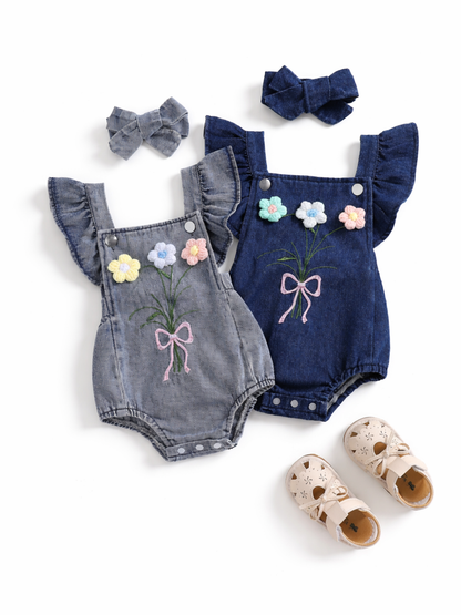 花刺繍入りフリル袖デニムベビーロンパース（ライトブルー・ダークブルー）2色の比較商品画像（白背景）