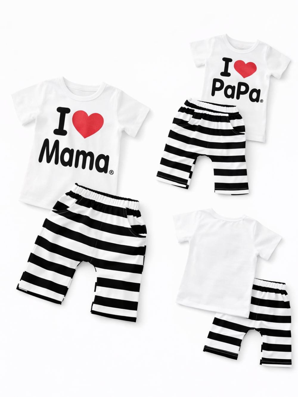白背景に並べたキッズ用セットアップ3パターンの平置き商品画像。白Tシャツ「I ♥ Mama」＋黒白ボーダーパンツ、白Tシャツ「I ♥ PaPa」＋黒白ボーダーパンツ、無地ホワイトTシャツ背面＋黒白ボーダーパンツの組み合わせを、正面・別デザイン・背面で見せた商品写真。
