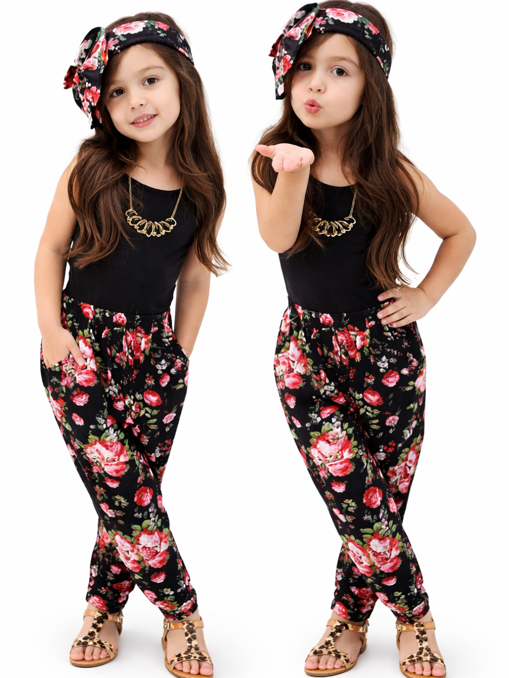 子ども向けコーディネート商品画像。ブラックのノースリーブトップスと花柄パンツを着用した女の子モデルを、白背景で2ポーズ並べて撮影したカタログ写真。