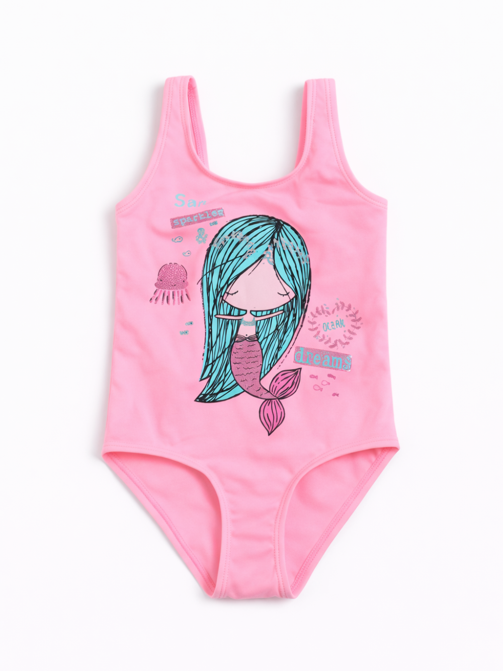 ピンクのキッズワンピース水着商品画像（マーメイドプリント、タンク型、白背景）