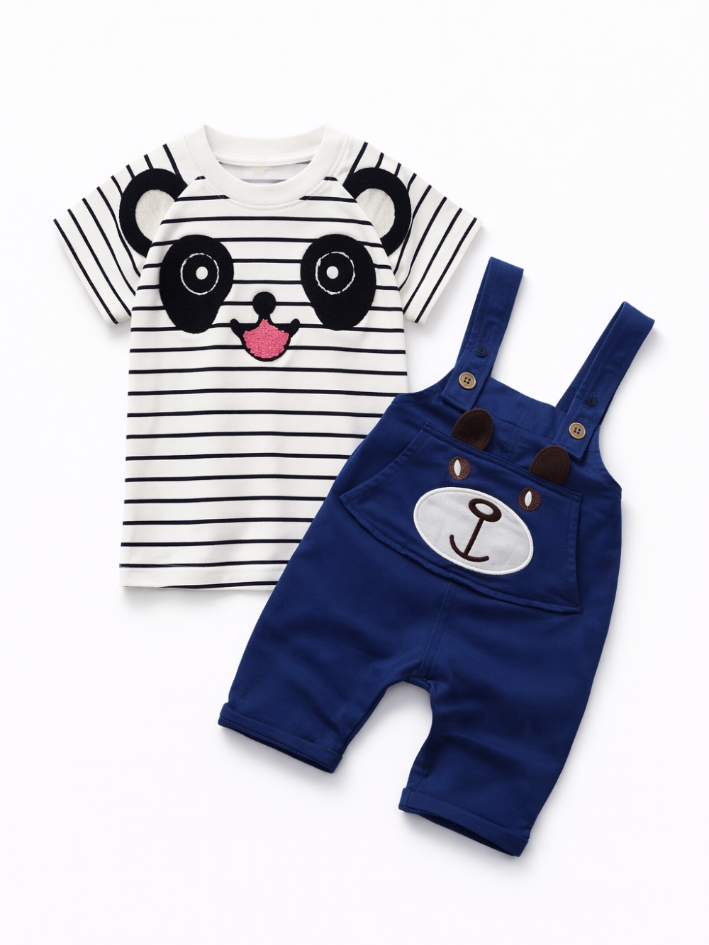パンダフェイスのボーダーTシャツ＋くまポケット付きブルーサロペットのキッズ上下セット商品画像（白背景）