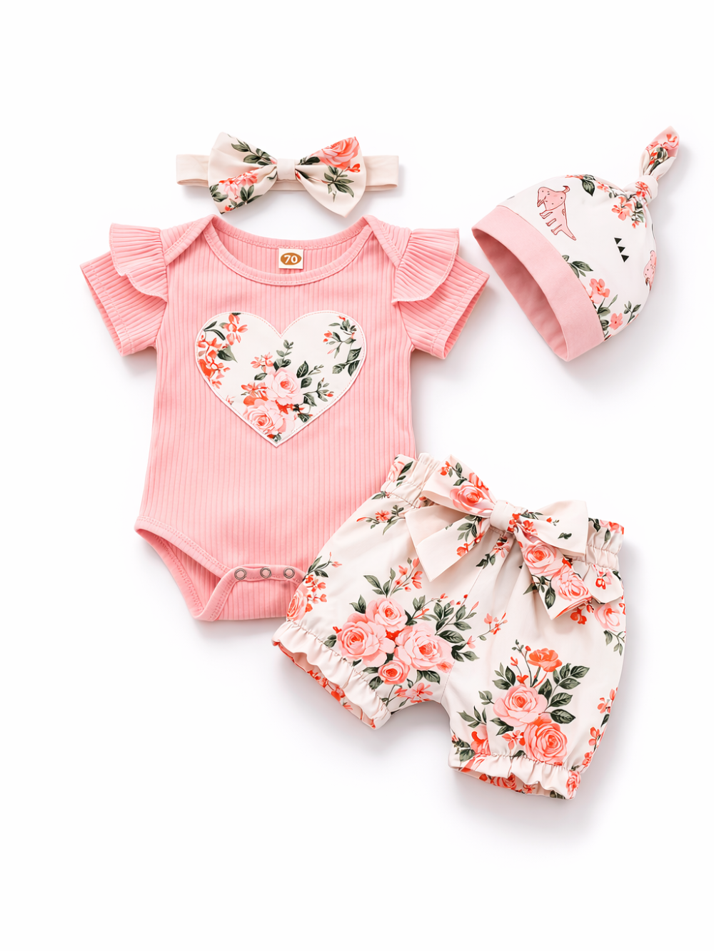 ベビー女の子3点セット商品画像（ピンクのリブ半袖ロンパース＋花柄ブルマ＋花柄リボンヘアバンド、白背景）