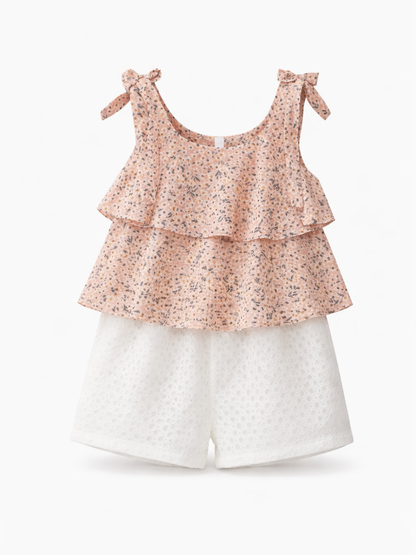 女の子用 花柄フリルノースリーブトップス＆白アイレットショートパンツの2点セット（ピーチ系）