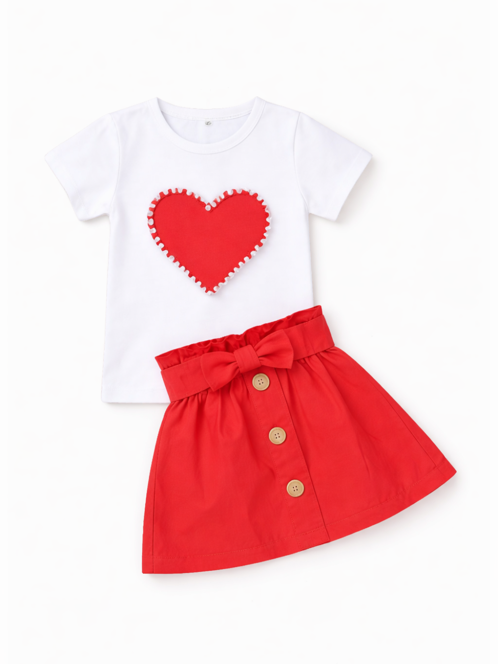 女の子用 ハートモチーフ半袖Tシャツ＆リボン付きボタンデザイン赤スカート 2点セット