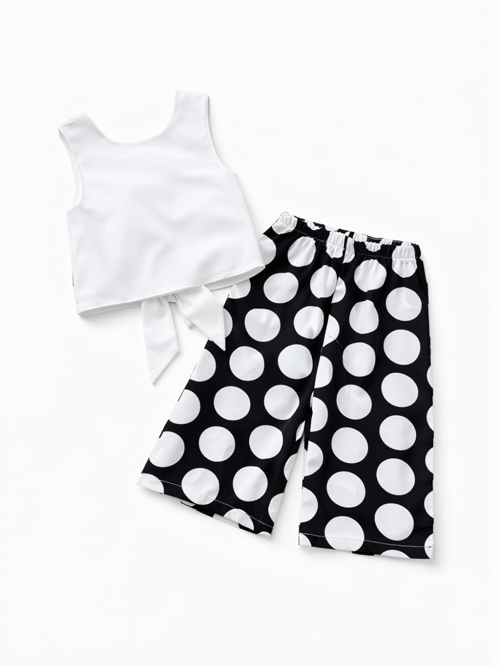 女の子用 ホワイトノースリーブトップス＆大きめドット柄ブラックワイドパンツ 2点セット