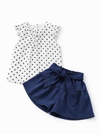 女の子用 ドット柄フリルノースリーブブラウス＆ネイビーリボンショートパンツ 2点セット