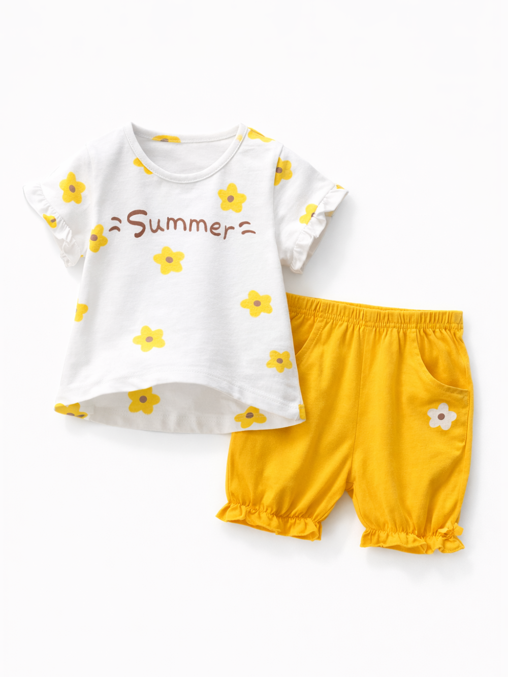 ベビー・キッズ用 「Summer」花柄半袖Tシャツ＆イエローショートパンツ 2点セット