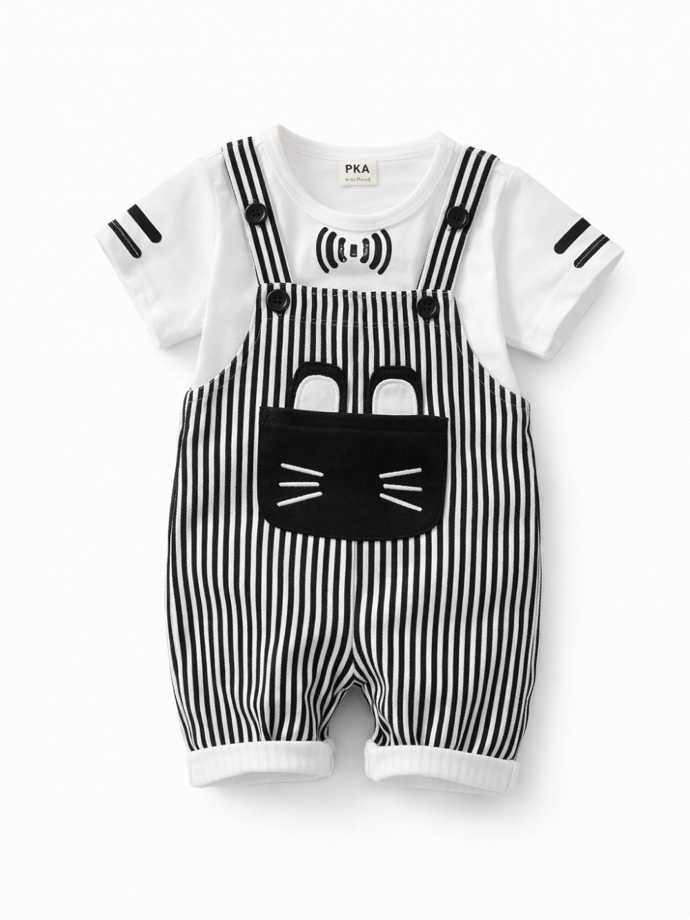 白Tシャツ＋黒白ストライプのサロペットショートパンツ（猫ポケット付き）ベビー用2点セットの商品画像