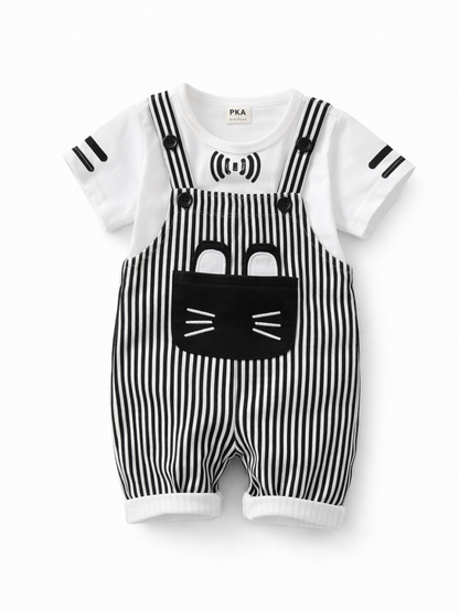 白Tシャツ＋黒白ストライプのサロペットショートパンツ（猫ポケット付き）ベビー用2点セットの商品画像