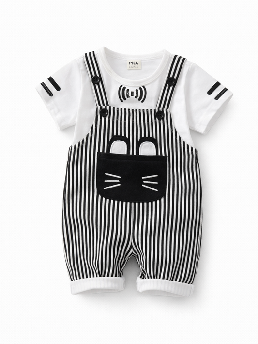 白Tシャツ＋黒白ストライプのサロペットショートパンツ（猫ポケット付き）ベビー用2点セットの商品画像