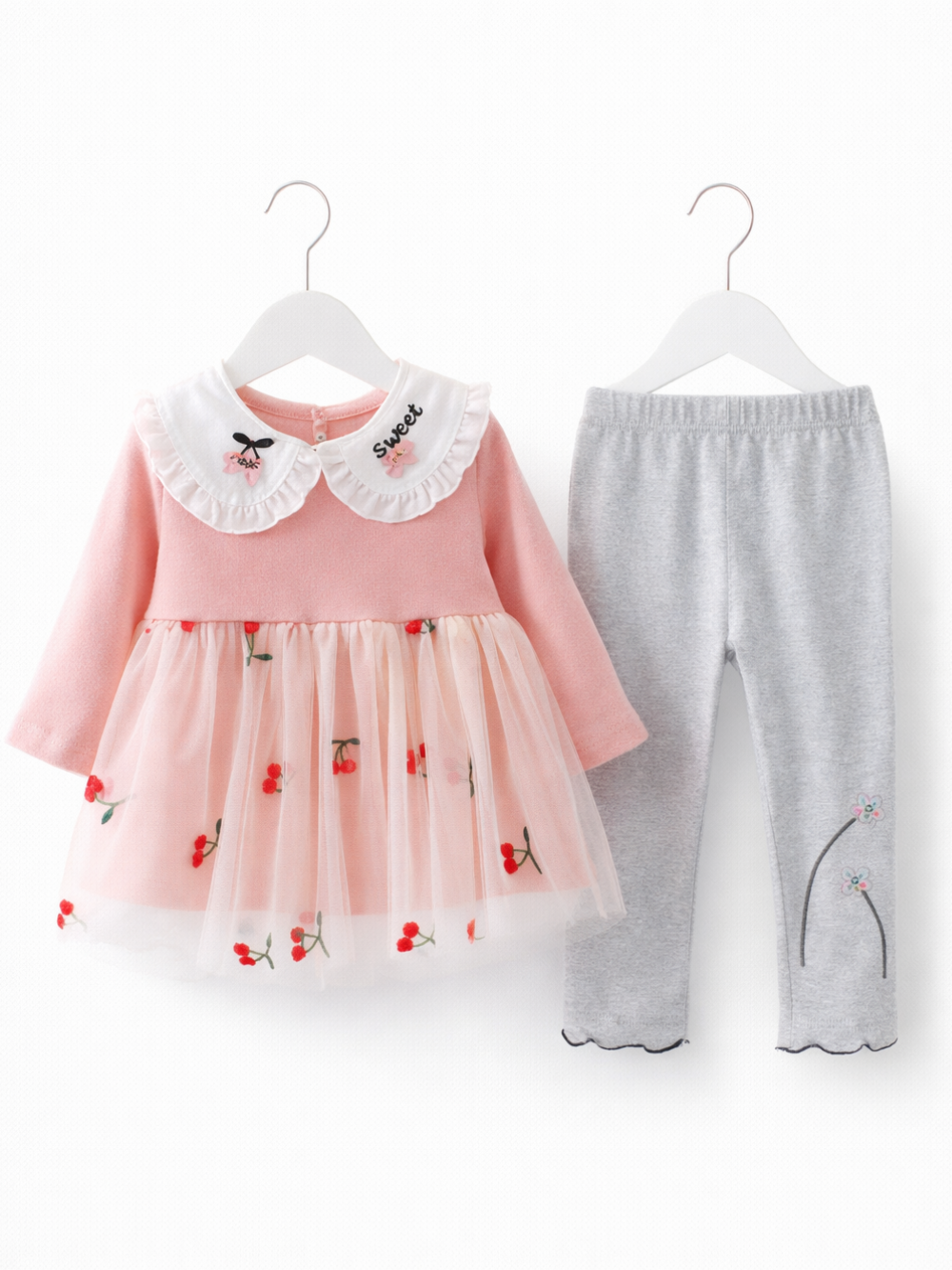 ベビー女の子用ピンクワンピース＋グレーレギンス2点セット（刺繍チュール・襟付き）商品画像