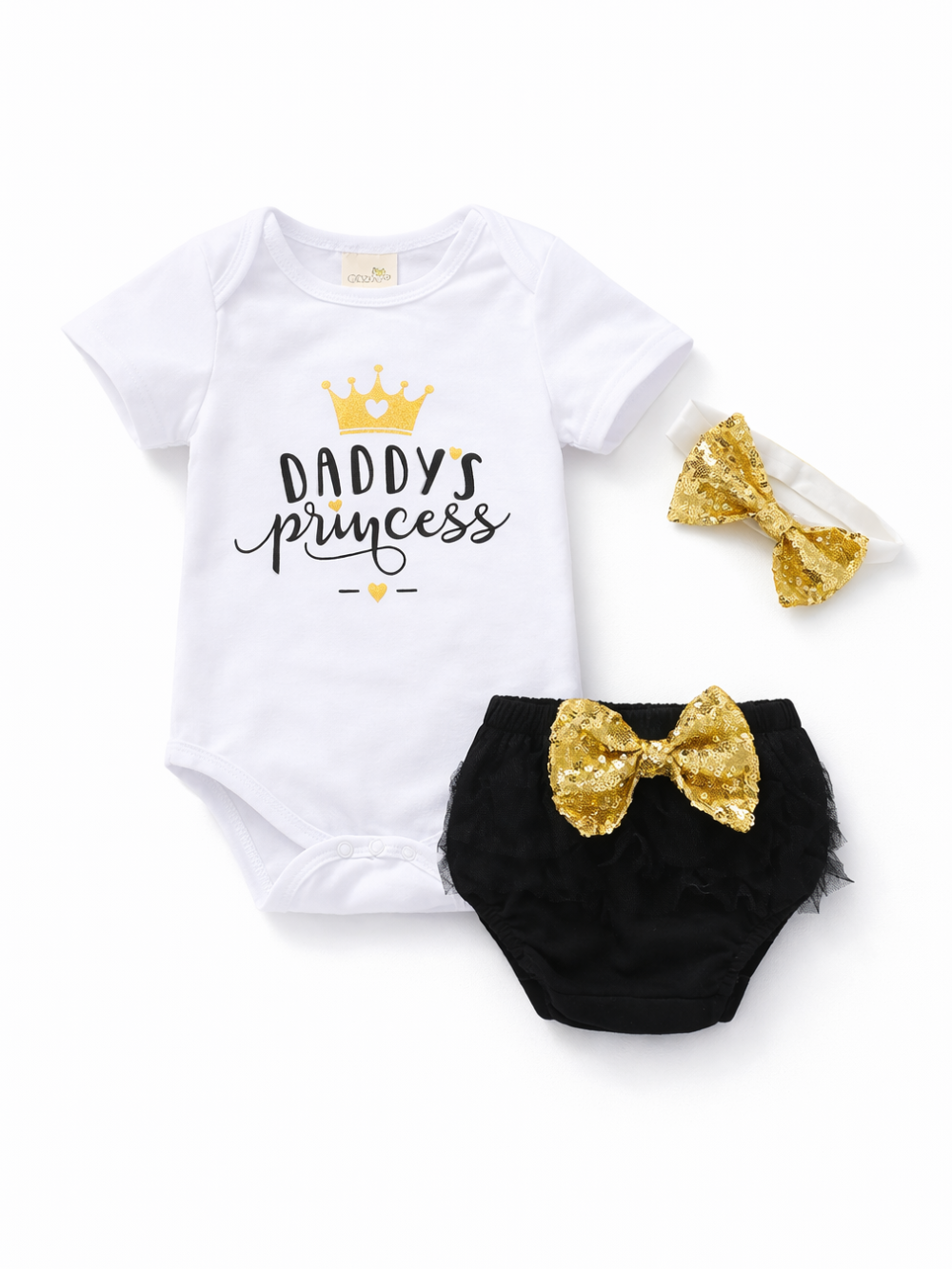ベビー女の子用3点セット（半袖ロンパース・ブルマ・ヘアバンド）。白ロンパースに「DADDY'S princess」の英字と王冠プリント、黒チュールブルマとゴールドスパンコールリボン付きの華やかな商品画像。