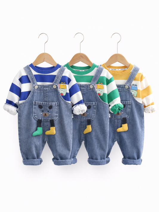 ベビー用デニムサロペットセット（長袖ボーダートップス＋サロペット）3色展開。ブルー・グリーン・イエローのトップス違いと、くまポケット付きデニムデザインを並べて撮影した商品画像。