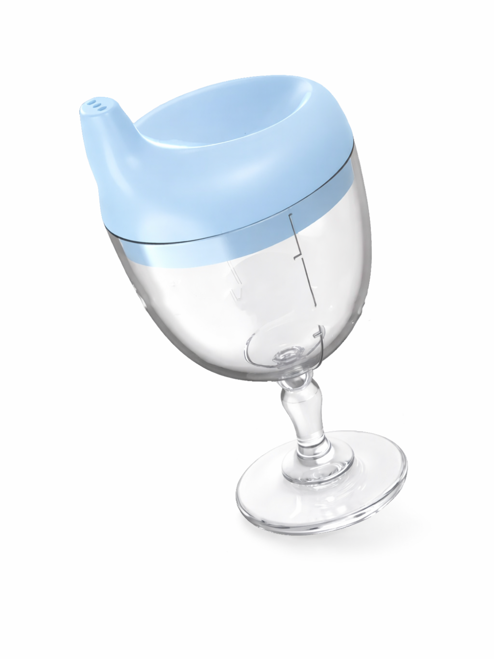 水色のスパウト付きリッドが付いた透明カップの製品画像。ワイングラス風の脚付きデザインで、白背景に斜め配置されたベビー用トレーニングカップ。