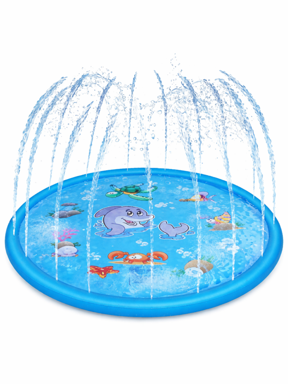 白背景に配置した円形のキッズ用スプリンクラーマットの製品画像。ブルーのエアリングに、イルカ・カニ・カメなど海の生き物イラスト入りで、外周から噴水状に水が出るデザイン。