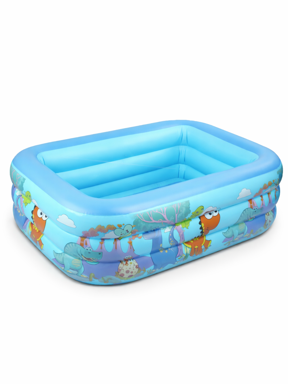 白背景に配置した長方形の子ども用ビニールプールの製品画像。3層のブルーエアリング仕様で、側面に恐竜イラストが入ったポップなデザイン。