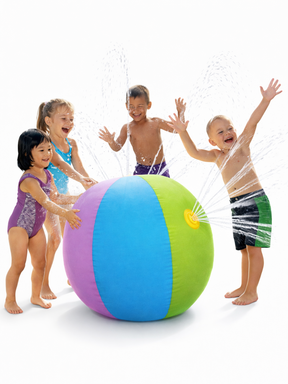キッズ用ラウンド型スプリンクラーパッド（カラフルボールデザイン）の商品画像。PVC製の円形ウォータープレイマットで、外周の噴水ノズルから水が出る仕様。