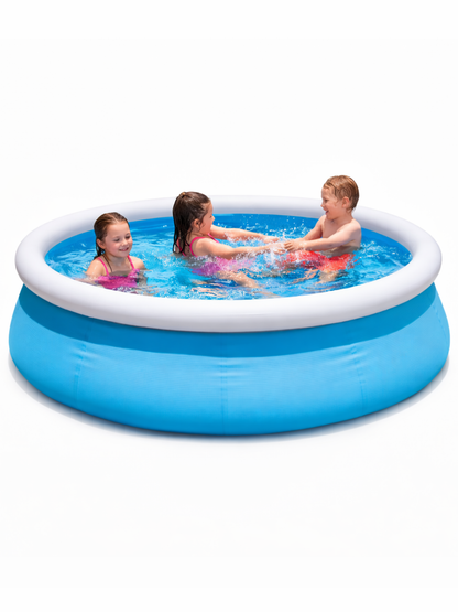 丸型のインフレータブルプール（イージーセットタイプ）の商品画像。ライトブルーの本体にホワイトの上部リングを備えたPVC製キッズプール。