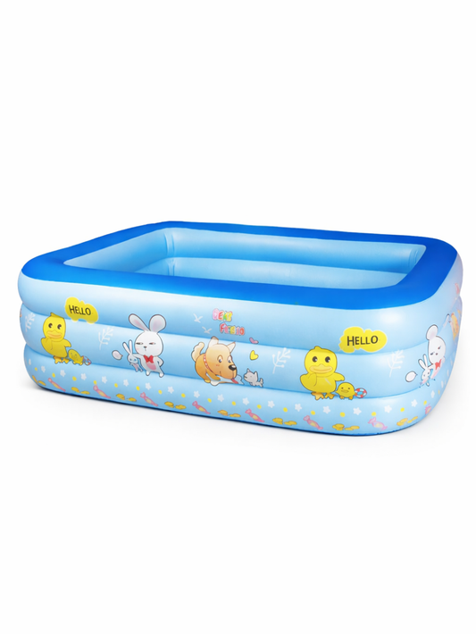 アニマル柄プリント入りの長方形インフレータブルキッズプールの商品画像。ライトブルーとブルーの3段リング構造で、アヒル・うさぎ・くまのイラストが入ったPVC製の子ども用プール。