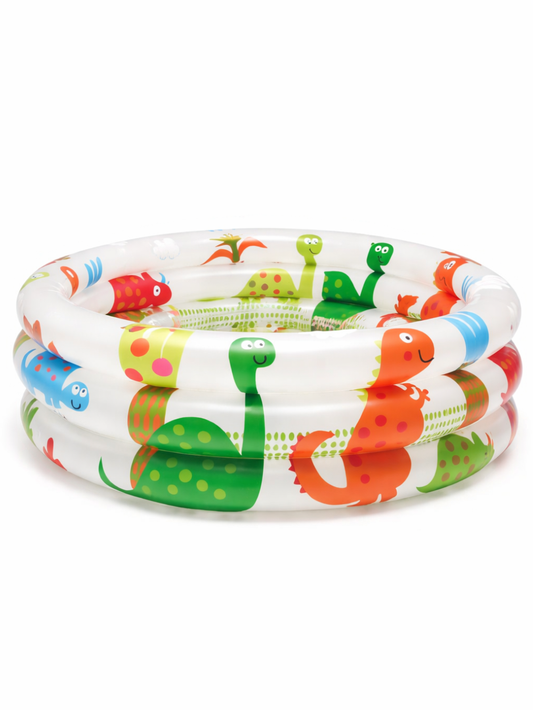 恐竜柄プリントの丸型インフレータブルキッズプールの商品画像。ホワイトベースの3段リング構造で、カラフルな恐竜イラストが入ったPVC製の子ども用プール。