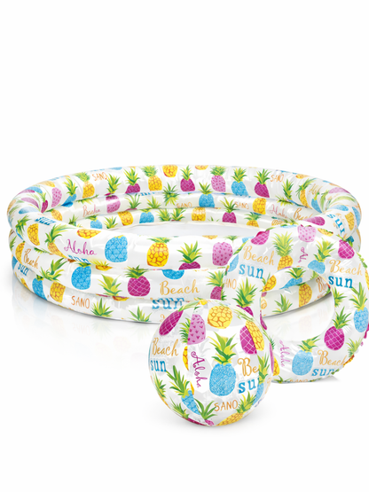 トロピカルパイナップル柄のインフレータブル3点セットの商品画像。丸型キッズプール・スイムリング・ビーチボールが同柄でそろったPVC製の水遊びセット。