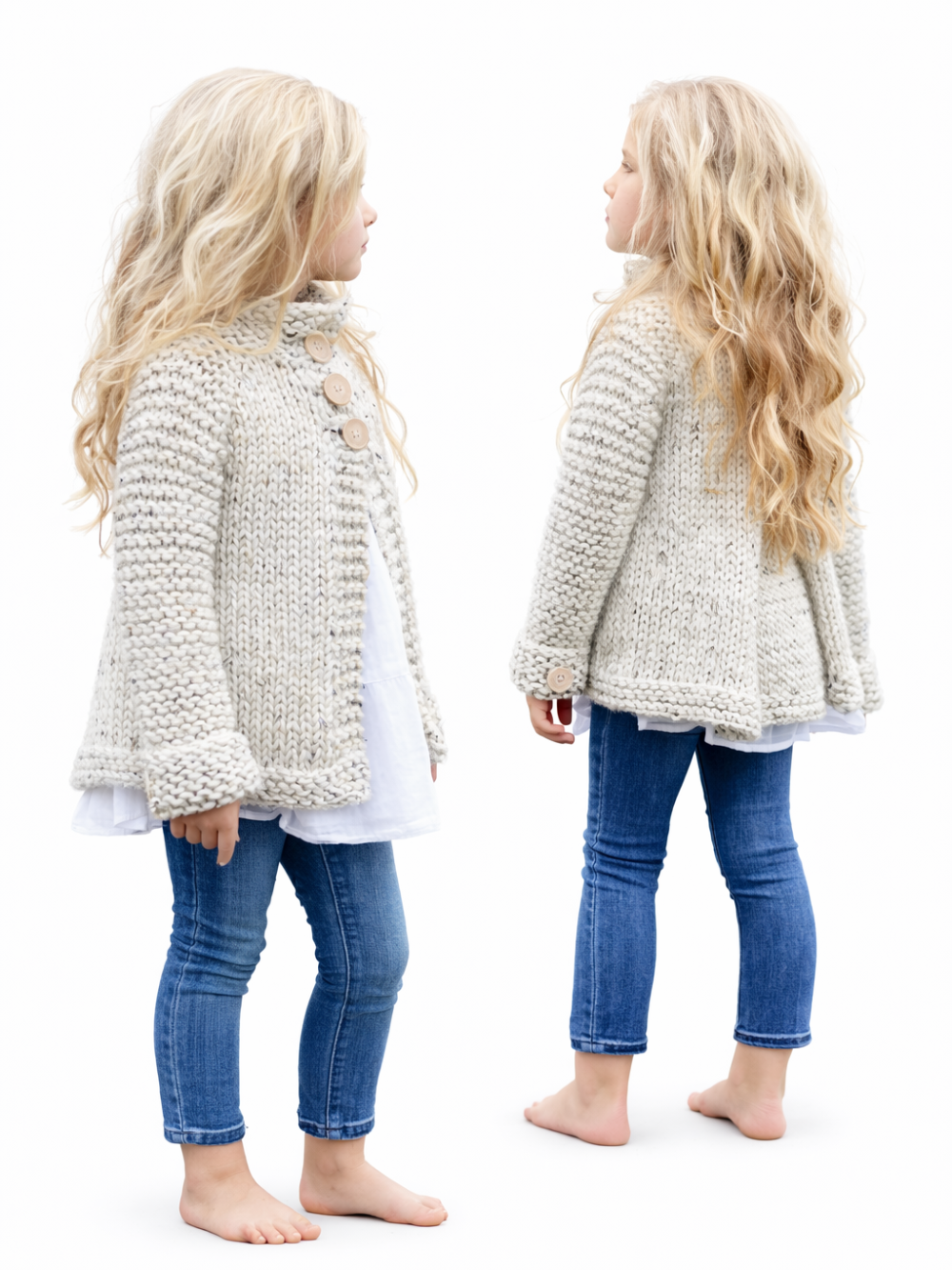キッズ用ニットカーディガンの商品着用画像（2アングル）。アイボリー系の厚手ニットカーディガンにホワイトトップスとブルージーンズを合わせたスタイルを、横向きと後ろ姿で見せたカタログ画像。