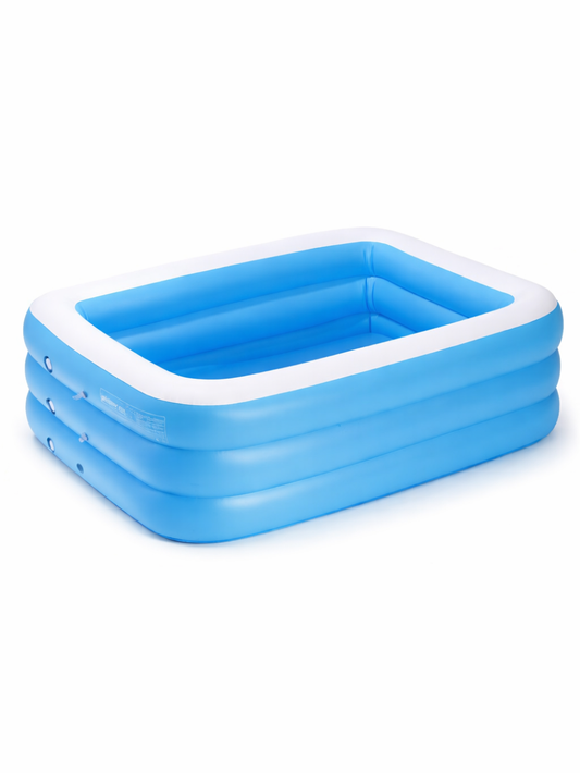ブルー×ホワイトの長方形インフレータブルプールの商品画像。3段リング構造のライトブループールにホワイト縁を備えたPVC製キッズ／ファミリー用簡易プール。