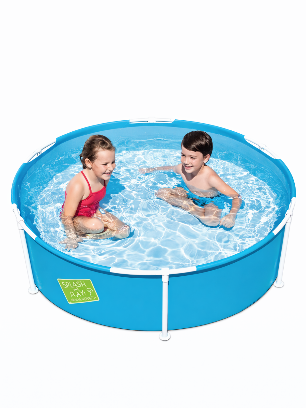 フレーム付き丸型プールの商品画像。ブルーの円形プールにホワイトフレーム支柱を備え、水を張った状態で使用イメージが分かる簡易プール（キッズ／ファミリー向け）。