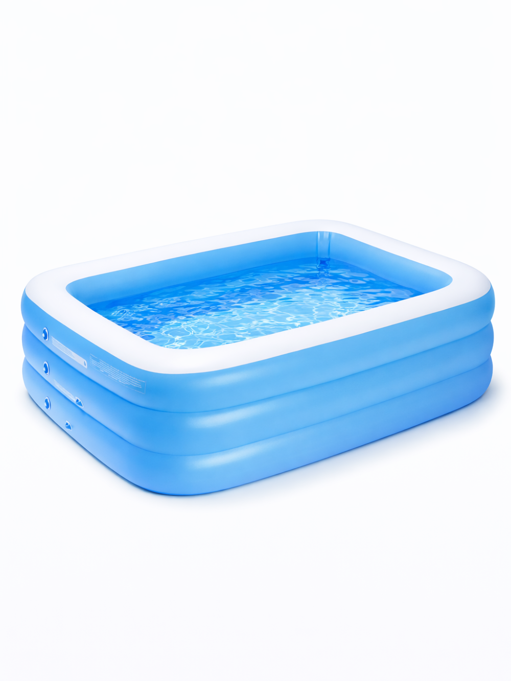 ブルー×ホワイトの長方形インフレータブルプールの商品画像。3段リング構造のライトブループールにホワイト縁を備え、水を張った状態で見せたPVC製キッズ／ファミリー用簡易プール。