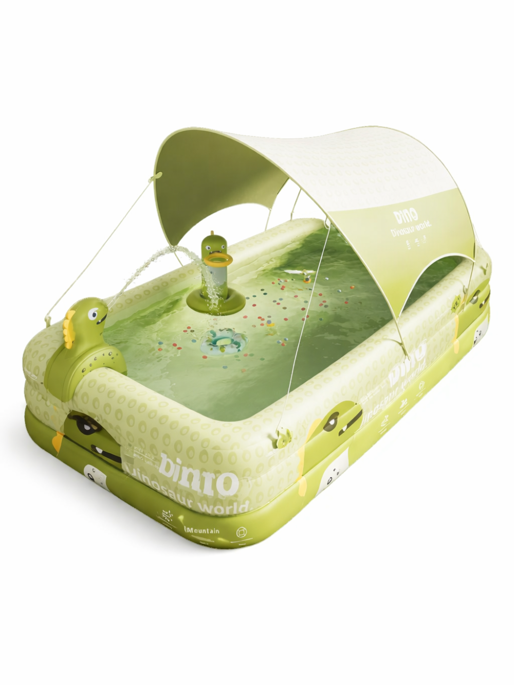 恐竜モチーフのサンシェード付きインフレータブルプールの商品画像。ライトグリーンの長方形プールにアーチ型日除けと恐竜スプリンクラーが付いたPVC製キッズ水遊びプール。