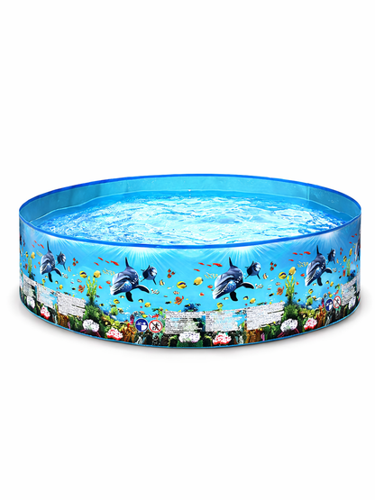 イルカと海の生き物柄の折りたたみ式フレームプール（円形）。屋外の水遊びに使える大型キッズプール。