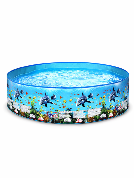 イルカと海の生き物柄の折りたたみ式フレームプール（円形）。屋外の水遊びに使える大型キッズプール。