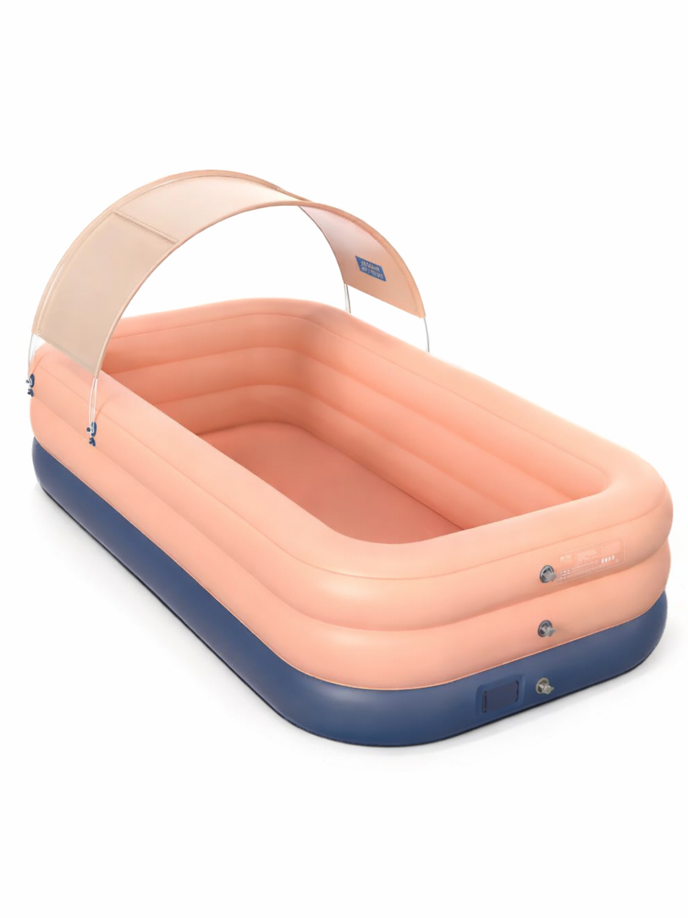 日よけキャノピー付きの長方形インフレータブルプール。ピーチカラーの3層リングとネイビーベースで、庭やベランダの水遊びに使える。