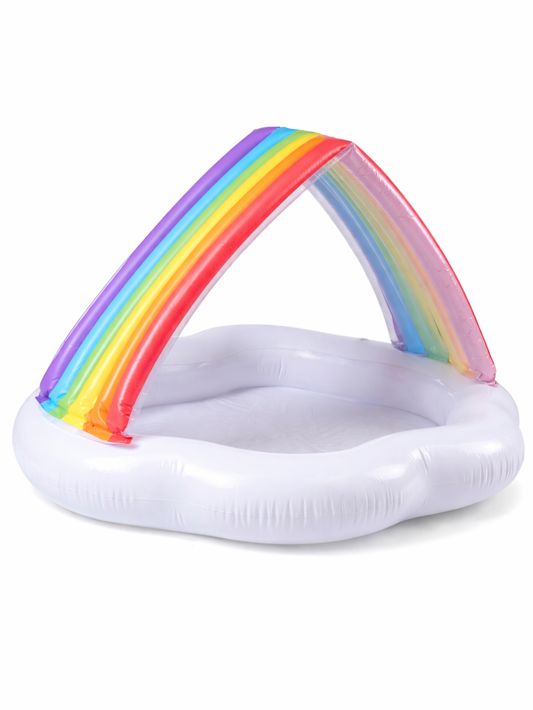 レインボーサンシェード付きの雲型インフレータブルベビープールの商品画像。ホワイトのクラウド型プールに、カラフルな虹アーチの日除けが付いたPVC製のキッズ用プール。