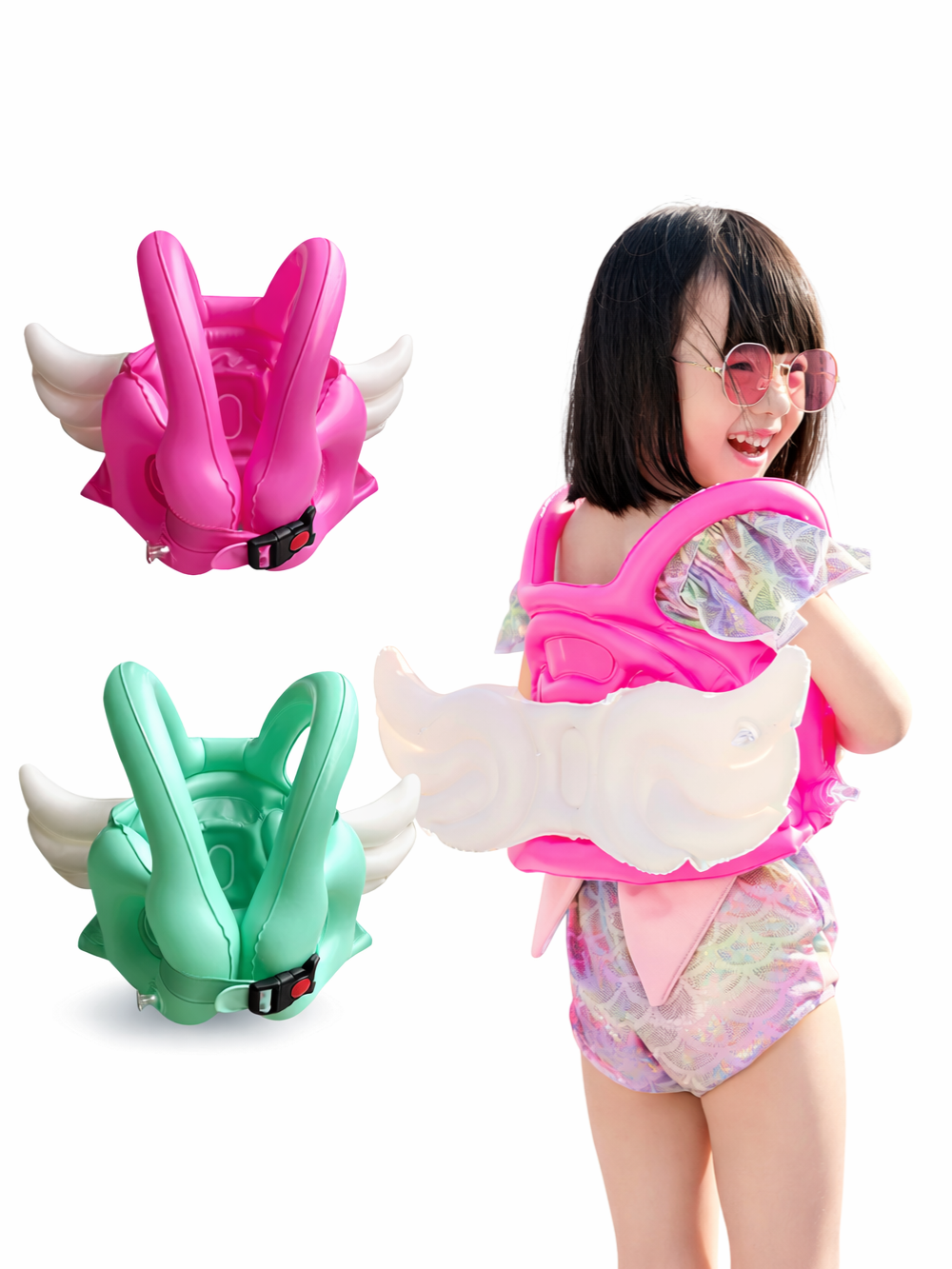 天使の羽デザインのキッズ用スイムベスト（浮き具）。ピンク着用イメージに加え、ピンク／ミントの本体デザインを掲載。