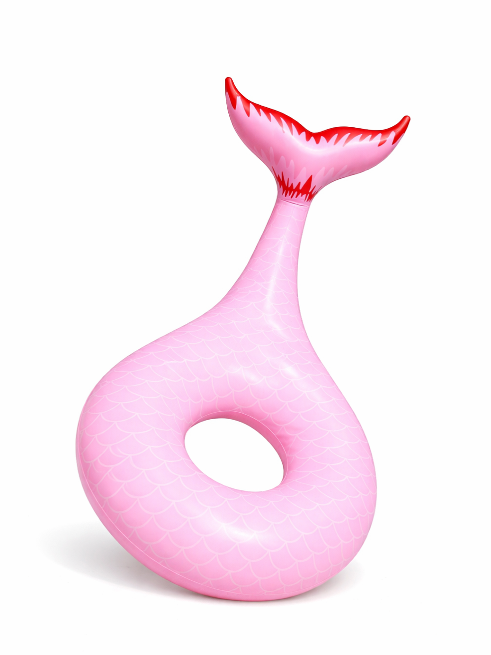 マーメイドテール型の大型インフレータブルフロートの商品画像。ピンクのうろこ柄デザインで、中央に穴がある座れるタイプのPVC製プール用浮き輪。