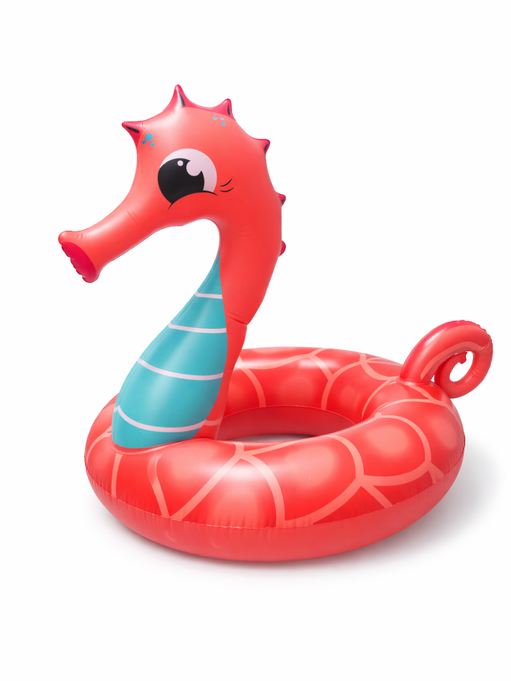タツノオトシゴ型インフレータブルフロートの商品画像。レッド系カラーのシーホースデザインで、座って乗れるPVC製のプール用浮き輪。